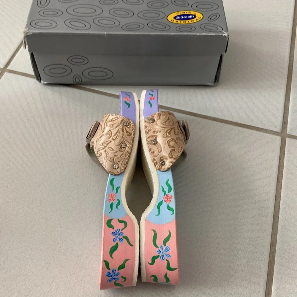 Dr Scholl’s Original Vintage Floral Hand Painted excercise wood sandals NIB - Picture 3 of 4